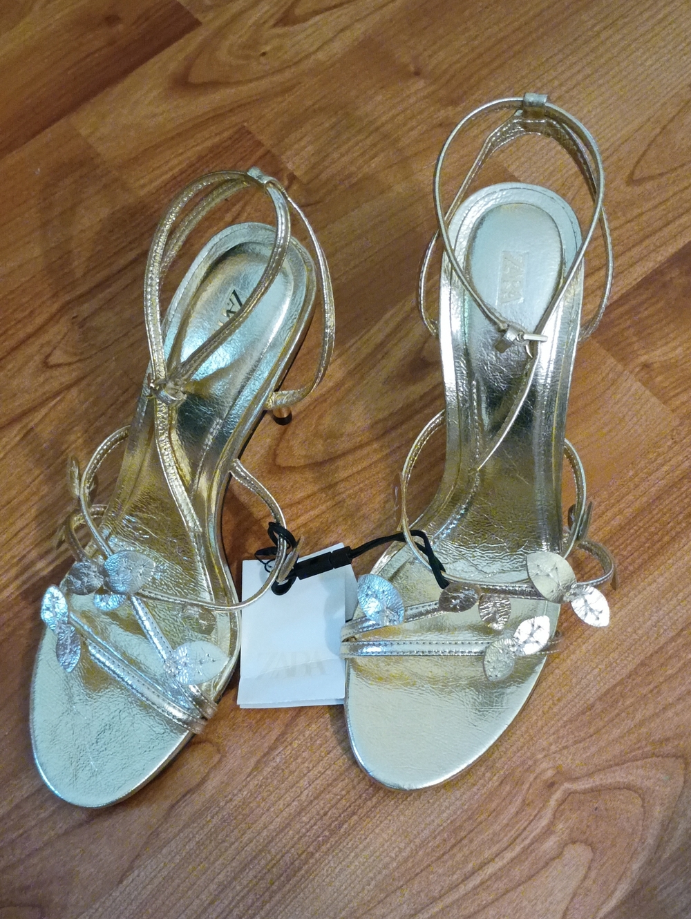 Zara Metallic Gold Strappy Floral Heels
